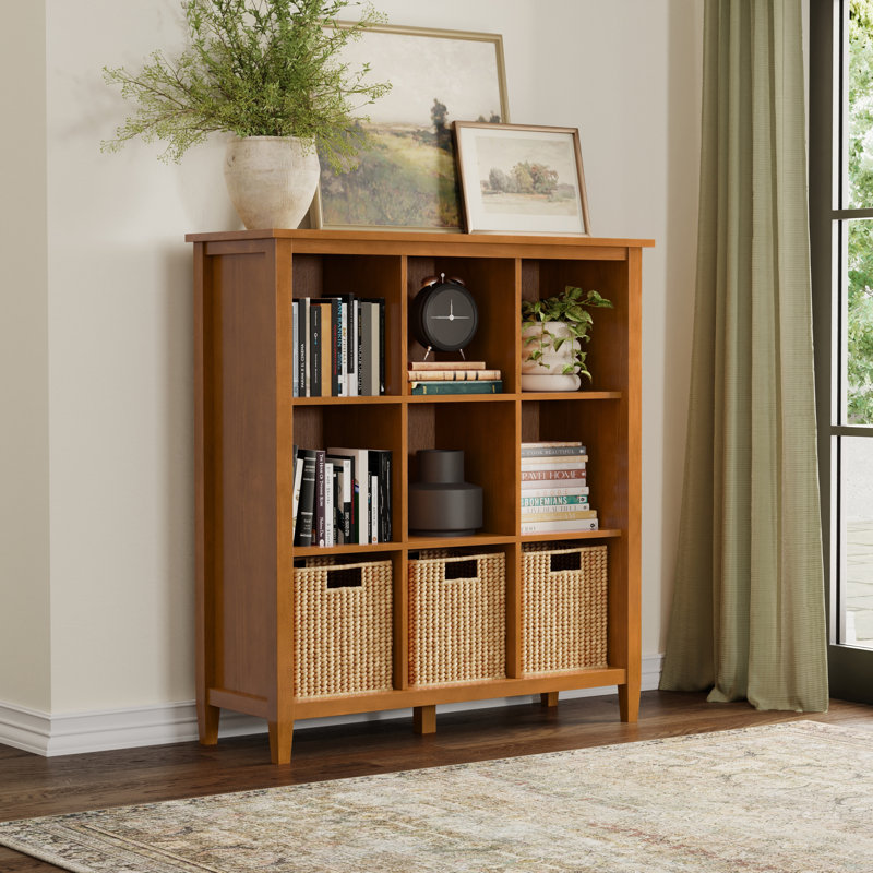 Artisan 48"H Solid Wood Transitional 9-Cube Bookcase with Fixed Shelves and Tapered Legs, Honey Brown