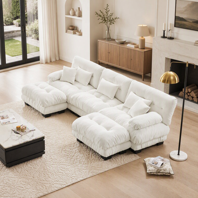 Canapé d'angle modulaire de luxe - Canapé nuage surdimensionné en forme de U pour salon, assise profonde avec 2 poufs, chenille blanche