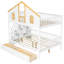 Lit superposé simple pour enfants, bois massif blanc et naturel et panneau de fibres à densité moyenne, structure de maison avec escalier de rangement