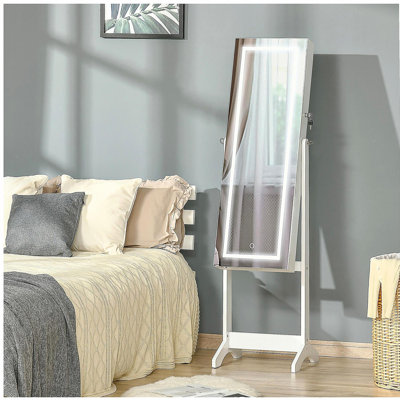Standing jewelry cabinet with LED light, lockable jewelry organizer with full-length mirror, 4 adjustable angles, white