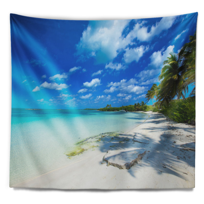 Tapisserie Seashore, plage tropicale avec palmiers, H 32 po x l 39 po