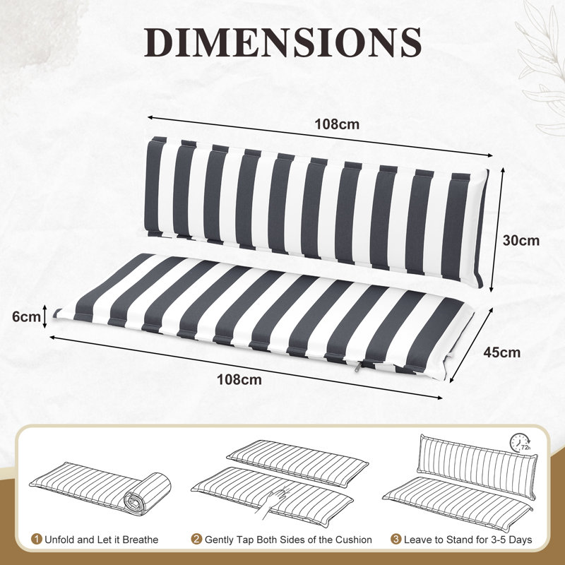 108x45 cm Garden Bench Cushion with Back for 2 Seater, Grey