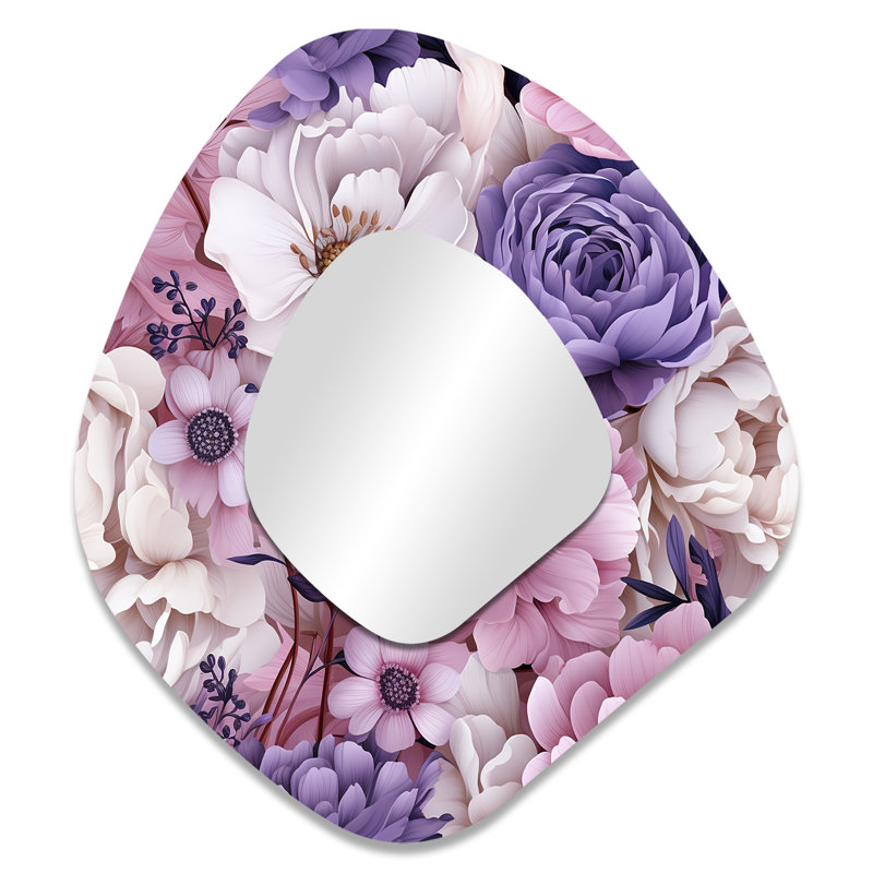 Printemps, fleurs mauves, motif botanique I - miroir décoratif asymétrique floral, miroir mural de forme unique rose, impression sur métal
