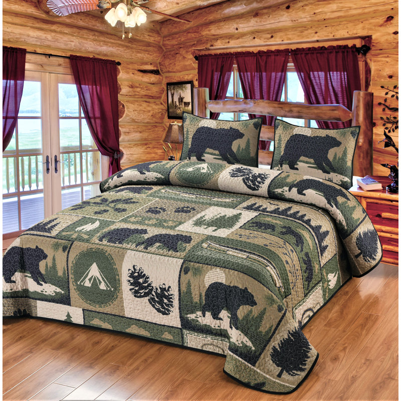 Cotton Rustic Quilted Bedspread Queen Size Nature Icons Design – 3-Piece Set with Quilt and 2 Pillow Shams