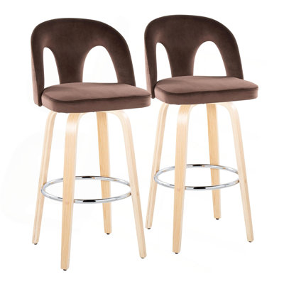 Tabouret de bar à hauteur fixe avec pivot en bois naturel et velours espresso avec repose-pieds rond en métal chromé - ensemble de 2