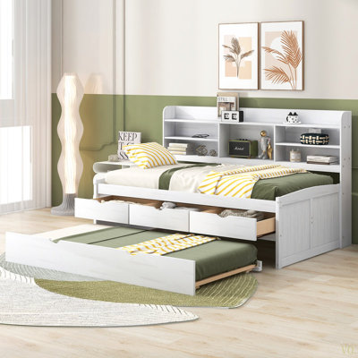Twin Size Wooden Captain Bed With Built-In Bookshelves,Three Storage Drawers And Trundle