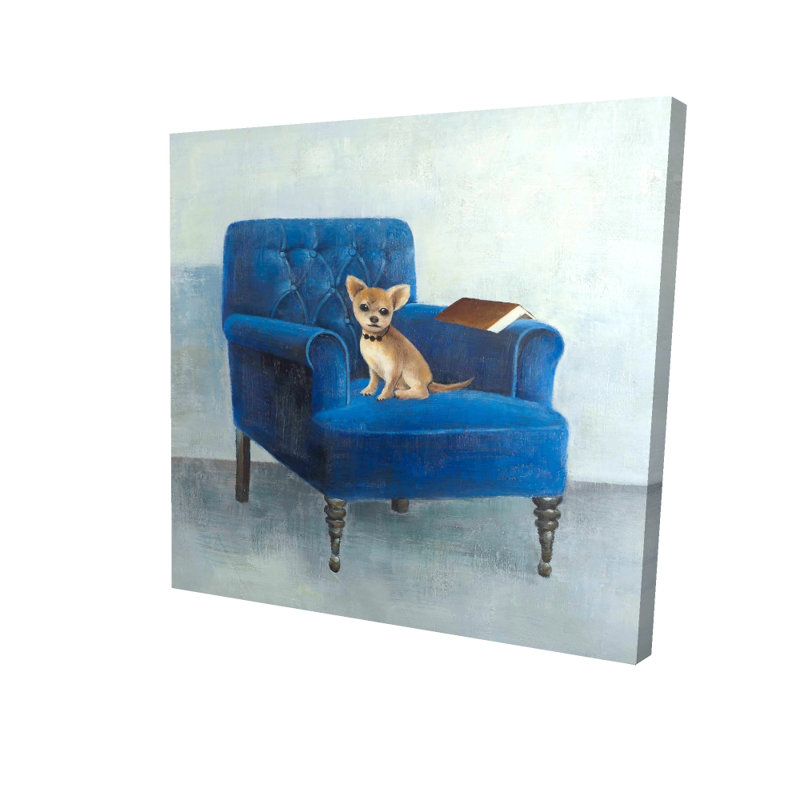 Chihuahua sur toile avec fauteuil bleu | Décoration de chambre bleue