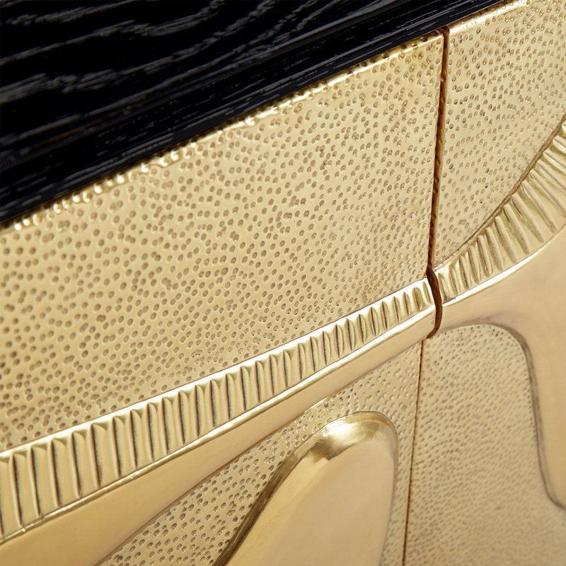 Brutalist Inspired Black and Brass Hand-Hammered Credenza