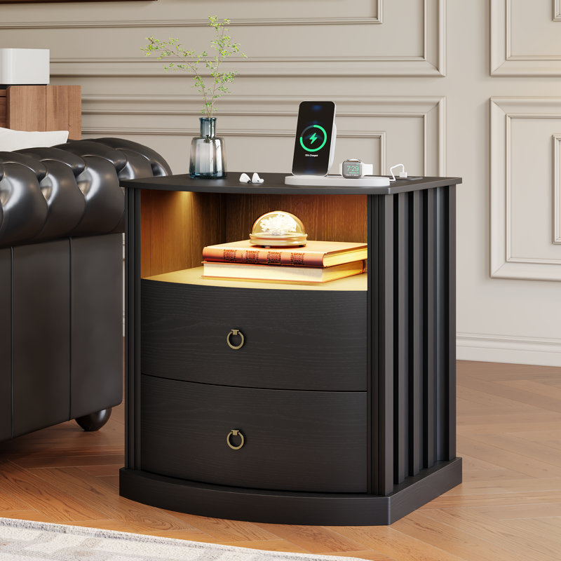 Modern Curved Nightstand with Light & Power Outlet, Wood Finish Bedside Table with Drawer & Open Shelf, Black
