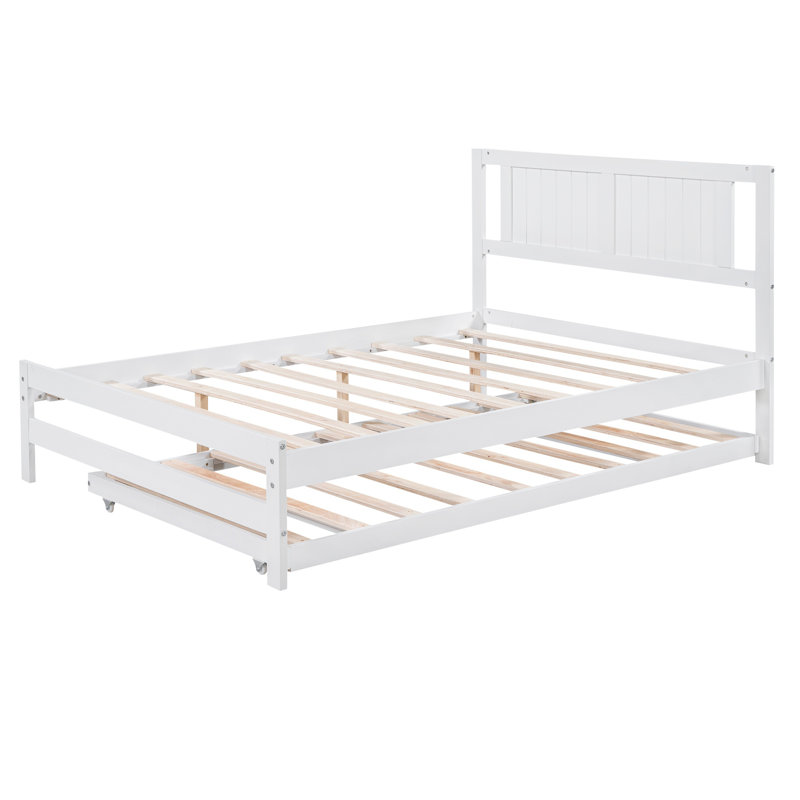 Lit plateforme double avec lit gigogne réglable, structure en bois de pin massif et panneau de fibres à densité moyenne, lit gigogne escamotable multifonctionnel pour la chambre à coucher, aucun sommier nécessaire