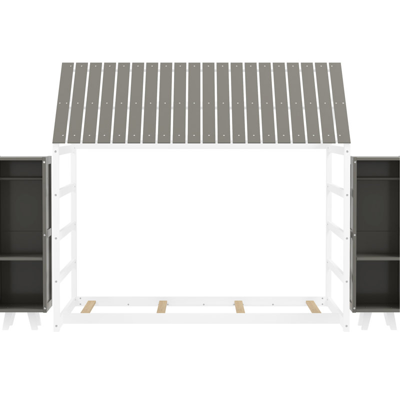 Lit en bois gris pour maison simple avec clôture, toit et armoire de rangement