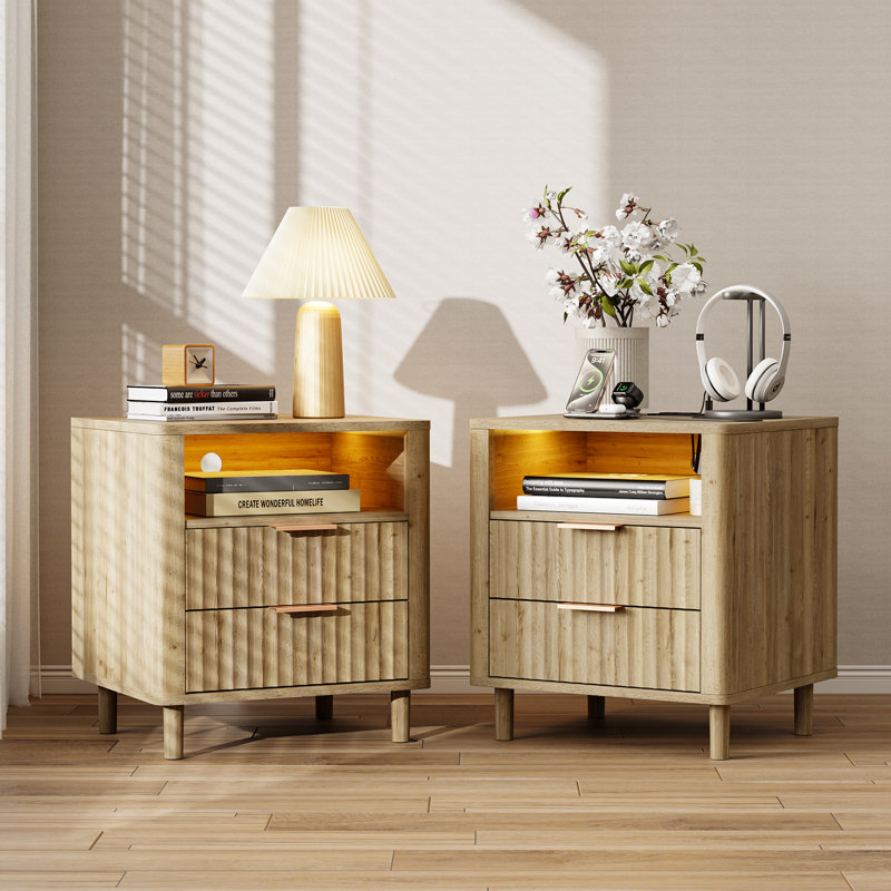 24" H Mid Century Night Stand with Charging Station, 2 - Drawer Storage Fluted Cute Bedside Table with Open Shelf, Curved Profile End Table for Bedroom, Living Room, Sofa and Office - 1 Pcs