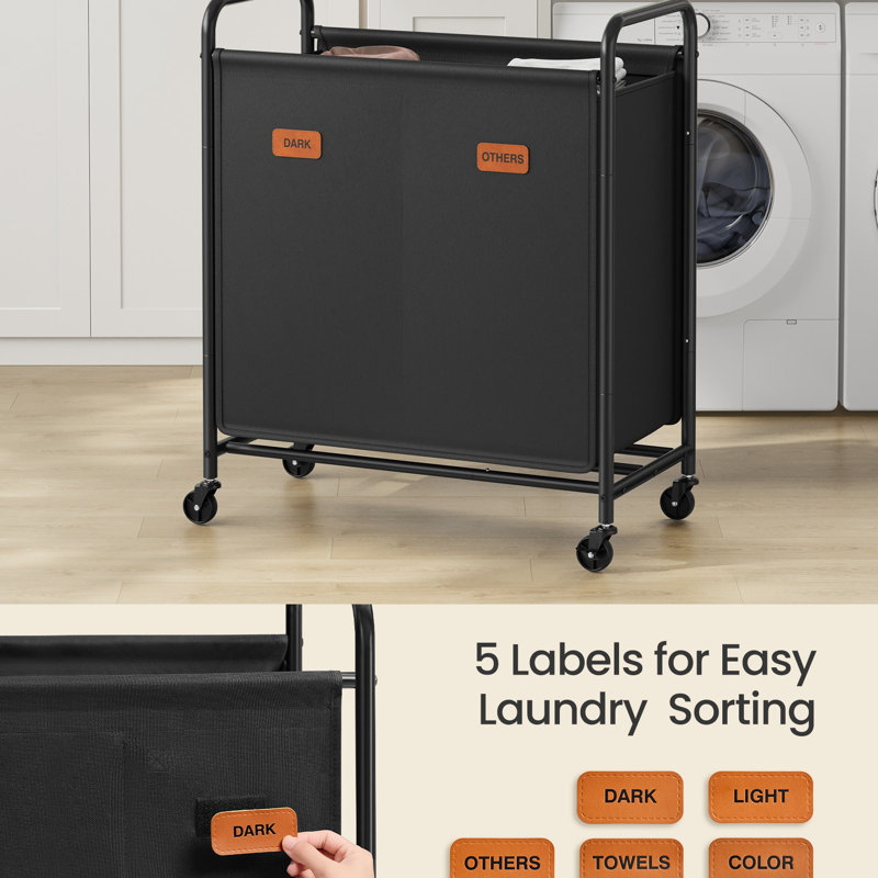 Trieur de linge à 2 sections, panier à linge avec roulettes, chariot à linge avec grande capacité et sacs amovibles, pour salle de lavage, chambre à coucher, salle de bain