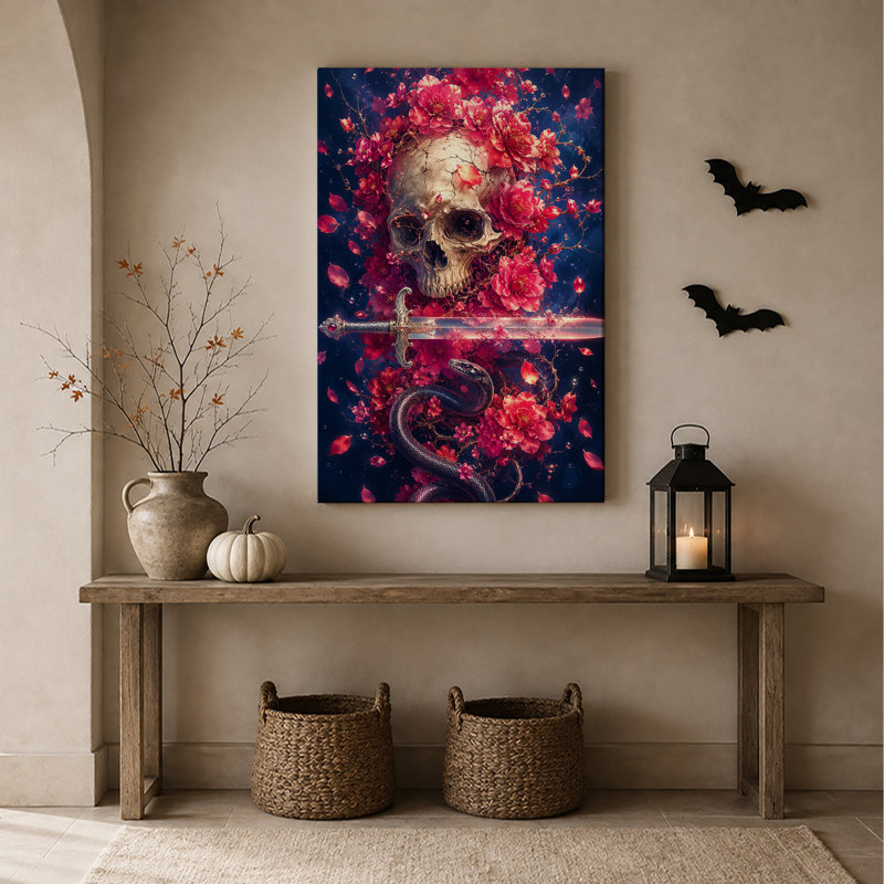 Art mural sur toile, crâne et serpent au milieu de fleurs rouges, H 40 po x l 28 po