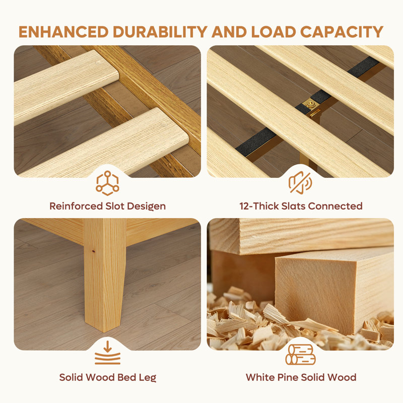 Solid Wood Bed Frame with Slatted Support, No Springs Required, Easy Assembly, Sturdy Center Leg, Natural, King
