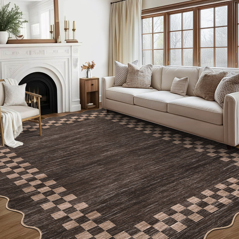 Scalloped Area Rug Modern Bordered Accent Carpet, Non-Slip Geometric Floor Cover, Stain-Resistant Low Pile Indoor Mat, Easy to Clean Rugs
