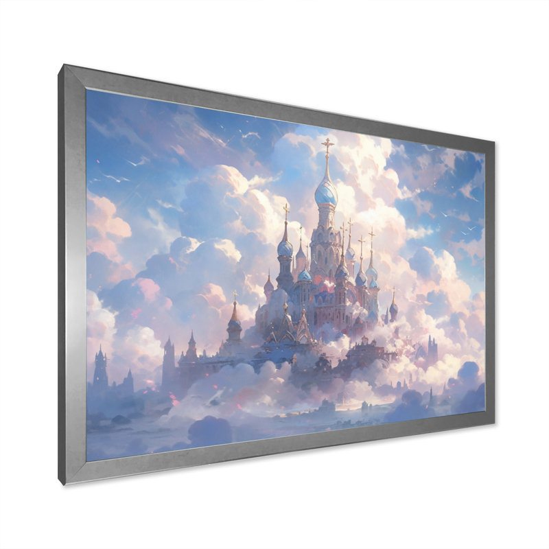 Château dans les nuages I sur toile, Cadre simple argenté, H 34 po x l 44 po x P 1,5 po