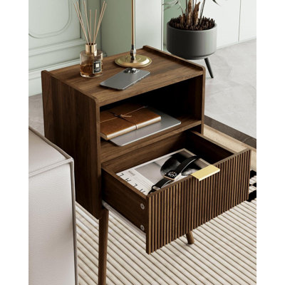 Table de chevet, table de chevet moderne avec tiroir de rangement et tablette ouverte en bois, table de chevet décorative avec pieds en bois massif pour le salon, la chambre à coucher et les petits espaces