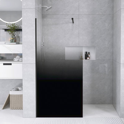 34 In. W × 72 In. H Shower Door Fixed With 1/4" Thick Black Gradient Tempered Glass In Matt Black |   Aluminum Support Bar.|   Stainless Steel Handle