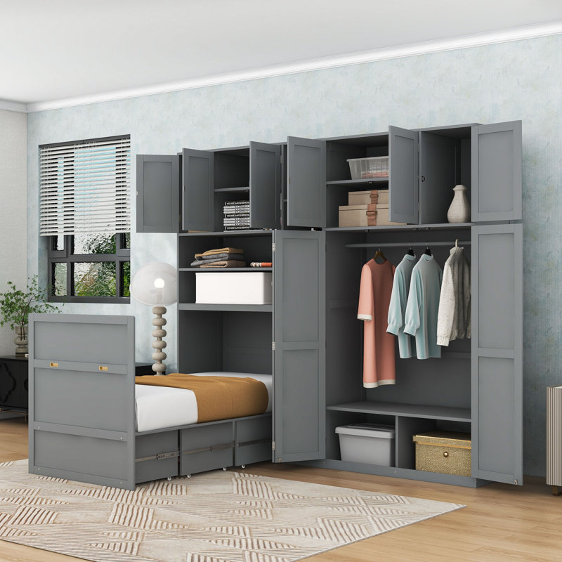 Lit escamotable simple avec tablettes de rangement, éclairage DEL et garde-robe, Gray