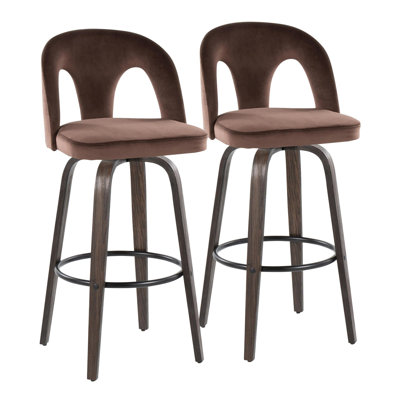 Ava Upholstered Contemporary Fixed-Height Stool With Swivel In Glazed Wood With Round Metal Footrest By Lumisource - Set Of 2