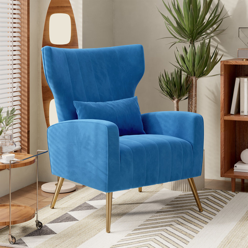 Modern Velvet Accent Chair With Wingback Design Gold Metal Legs And Pillow – Elegant Lounge Chair For Living Room & Bedroom