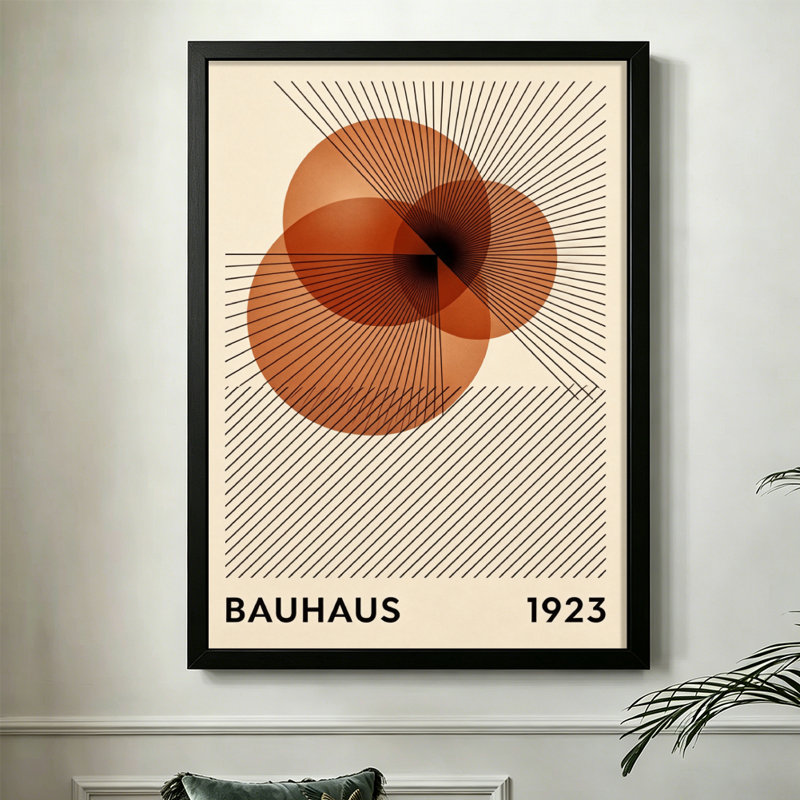 Cercles et lignes géométriques abstraites modernes: motifs rayonnants, style Bauhaus 1923. Toile encadrée 24 "x 36" avec cadre en bois noir