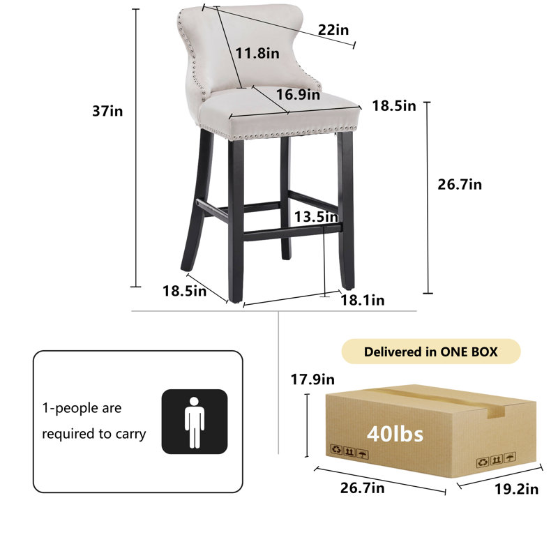 Modern Velvet Upholstered Bar Stools Counter Height Barstools Set of 2, White