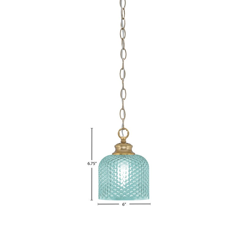 Quapaw Chain Hung Pendant Shown With 6" Textured Glass, Cyan, New Age Brass