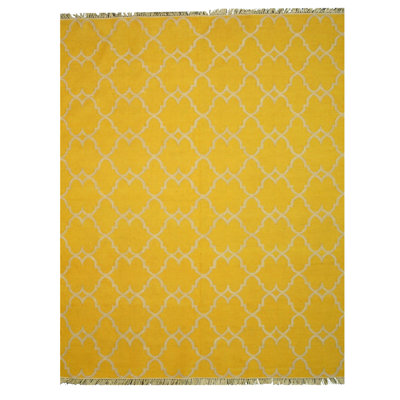 Tapis jaune en polyester noué à la main à motif treillis transitionnel Sung