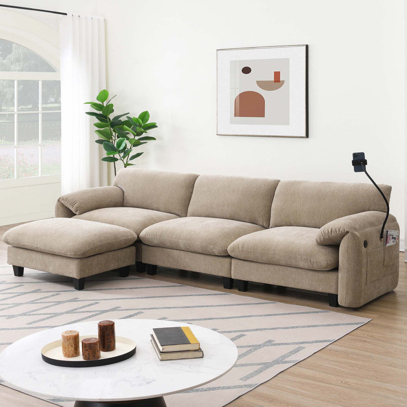 108" Modular Sectional Sofa, L-Shape with 31.5" Extra-Wide Seat Cushion, USB and Type-C Charger, Phone Holder and 2 Side Storage Pockets, Free Movement Ottoman, Striped Chenille