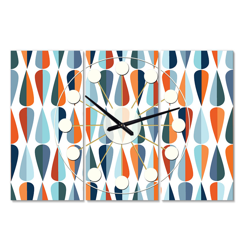 Très grande horloge murale rétro Mid-Century, Orange / gris foncé / bleu ciel