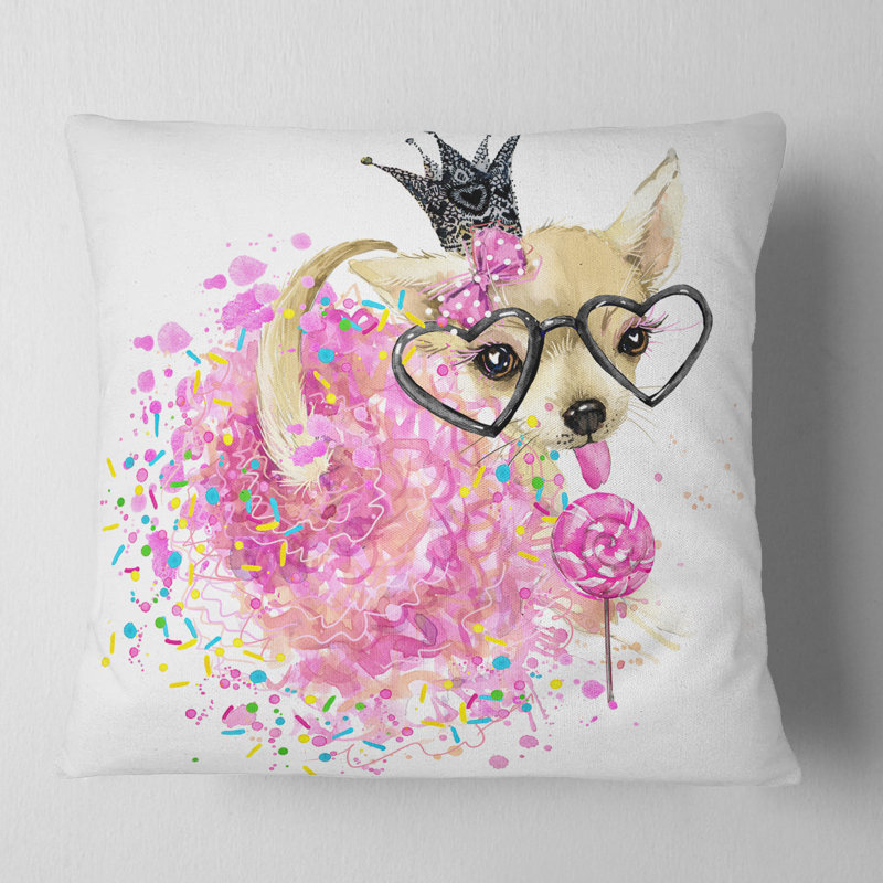 Chien mignon avec couronne et lunettes - coussin imprimé animal, 18 po x 18 po, Coussin décoratif