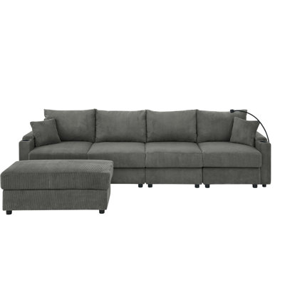 Modern L-shaped Grey Corduroy Chair With Storage, , Cup Holders For Living Room 4 Couch Storage And & Phone Holder