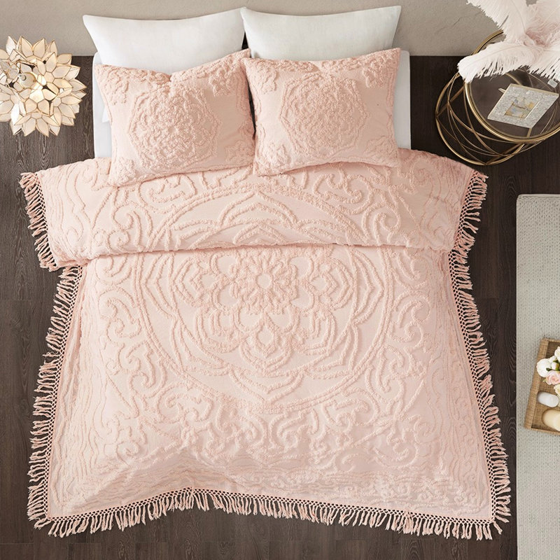 100% coton chenille couvre-lit à médaillon à franges rosé double / grand