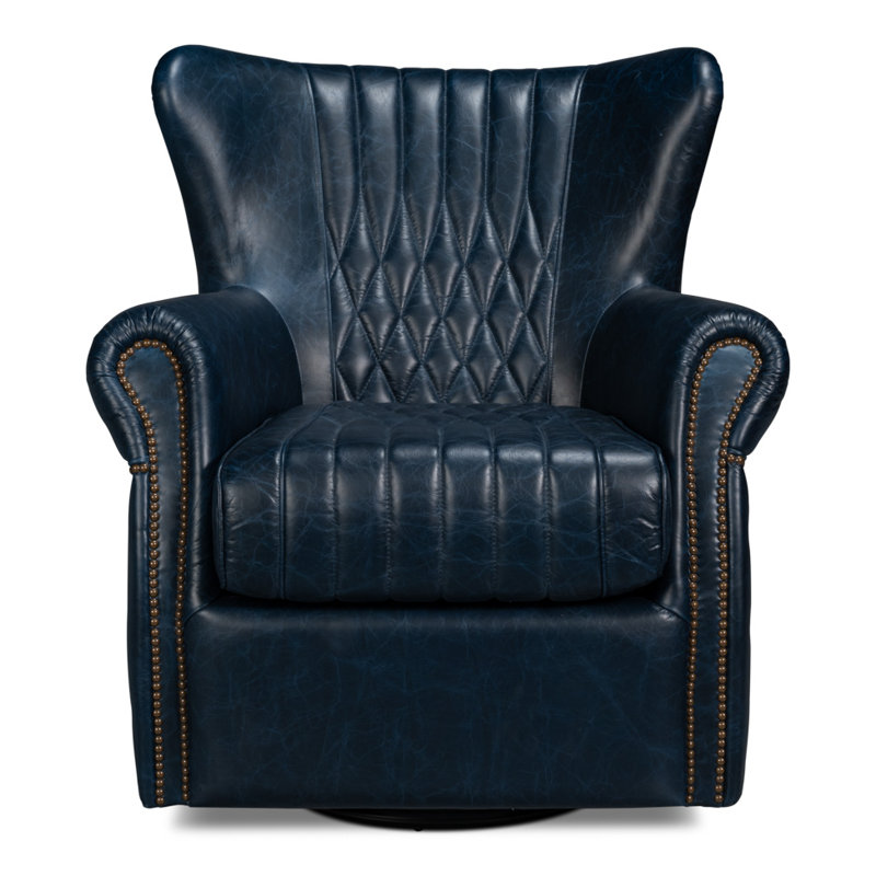 Bugatti Swivel Club Chair, Chateau Blue Genuine Leather