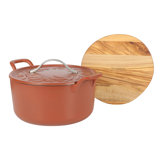 Bloomhouse 7 Qt Cast Iron Dutch Oven w/ Lid, European Enamel, & Walnut Wood Trivet - Oat White