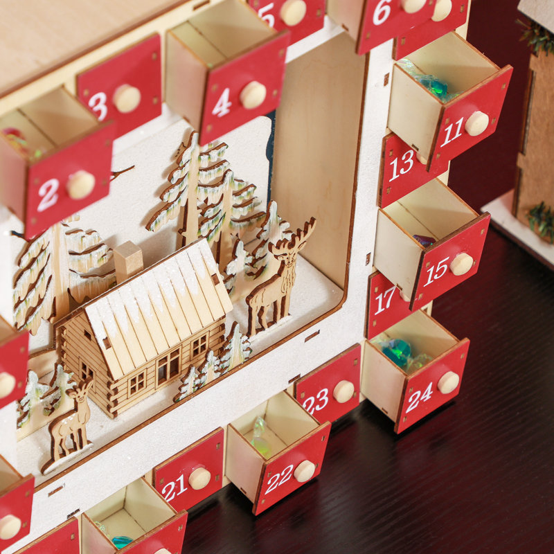 Christmas Advent Calendar with 24 Countdown Drawers and LED Lights