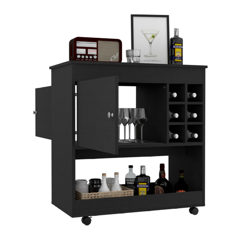 Chariot-bar, six casiers à bouteilles, armoire d'appoint, Noir