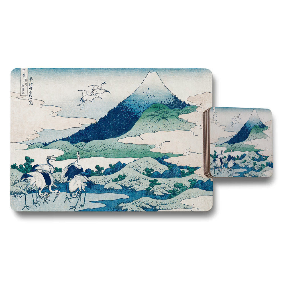 Placemat And Coaster Set With Mount Fuji Landscape And Cranes