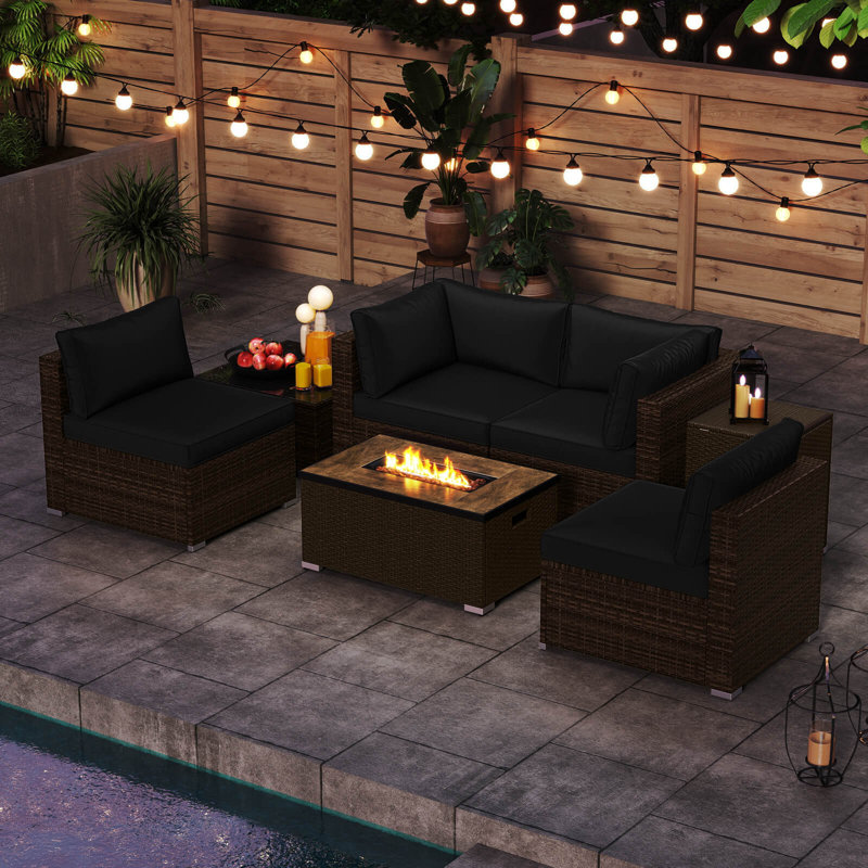7 Pieces Outdoor Furniture Set with Fire Pit Table and Propane Tank Cover Black,  Black