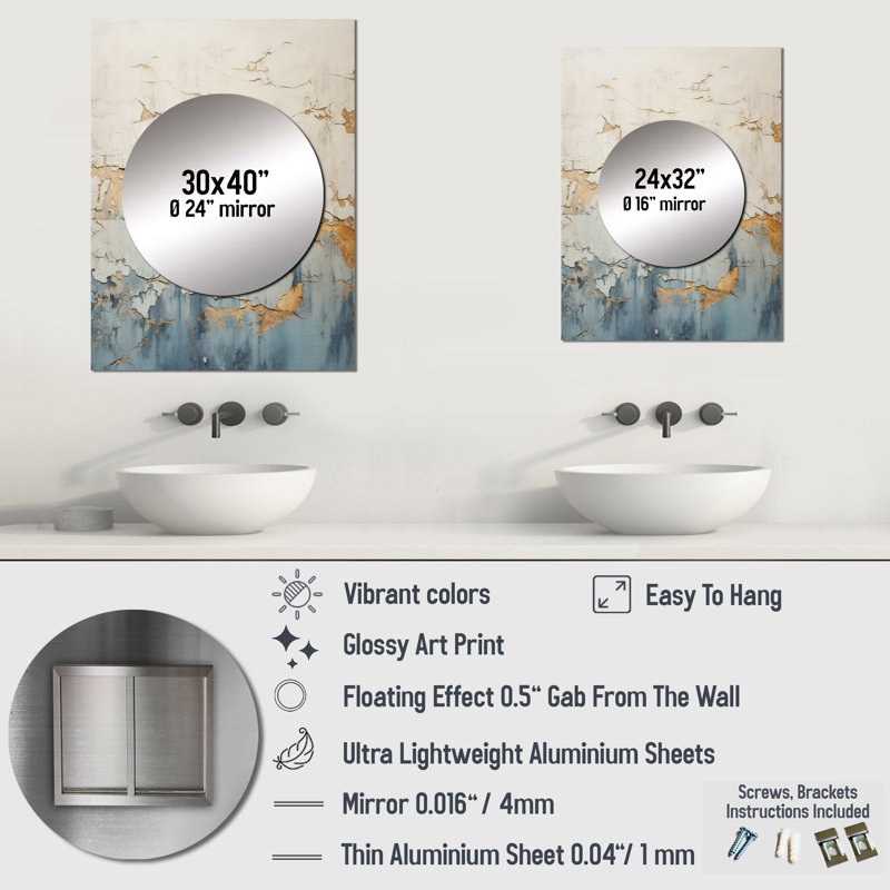 Meyzieu Gold And Blue Paint Fusion - Abstract Painting Large Mirror, Beige Unique Wall Mirror Decor, Printed Metal Art