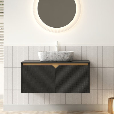 Meuble-lavabo 36 po, meuble de rangement mural en contreplaqué flottant, portes doubles en sergé avec garniture en métal, vasque rectangulaire en céramique à motif marbré et plateau en pierre frittée noire, noir