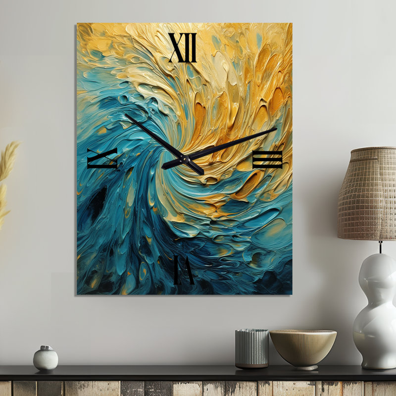 Horloge murale abstraite en métal Golden Ocean Swirling Waves II, Surdimensionné