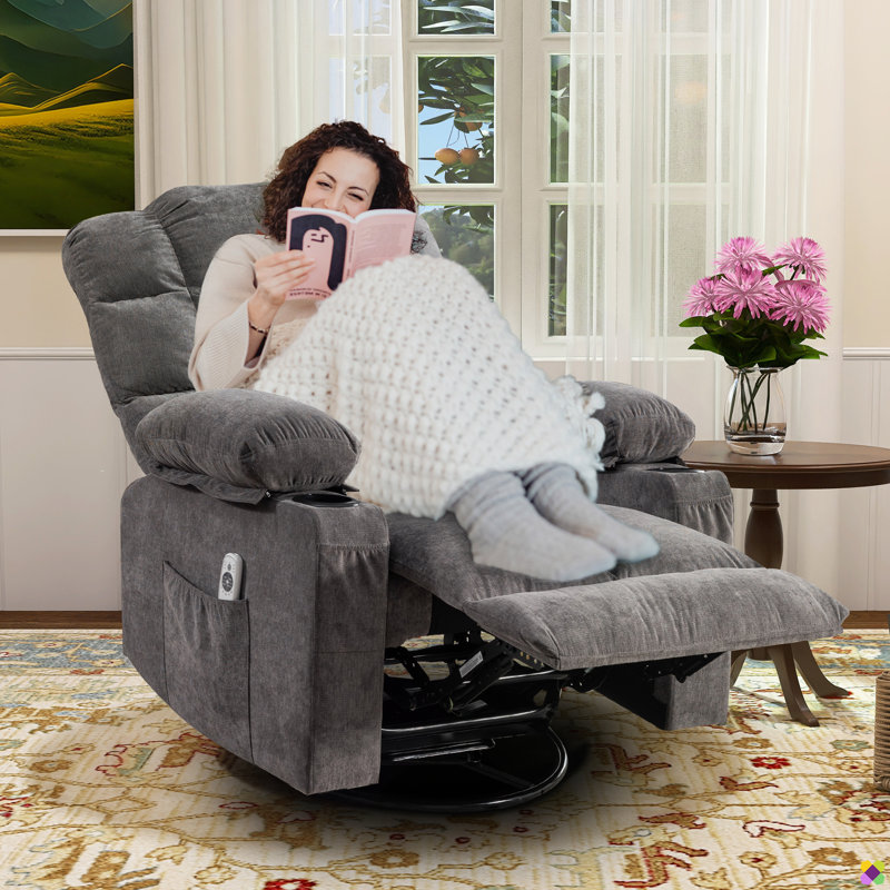 37.4" W Massage Heater Recliner, 360° Swivel, 30° Rocker, Cup Holders, USB Port, Gray Polyester
