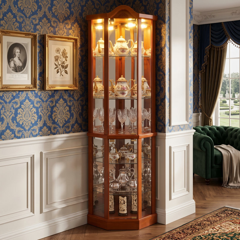Vitrine de coin en chêne avec éclairage, Chêne