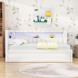 Twin Wooden Bed with Trundle,USB and LED