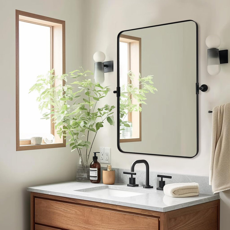 Miroir de salle de bain mural moderne inclinable | Cadre pivotant en acier inoxydable, Noir mat, 34 po x 22 po