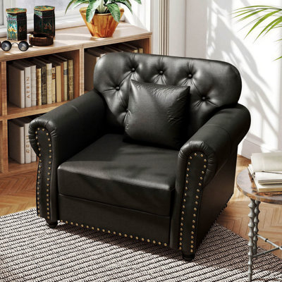 41" Faux Leather Upholstered Armchair with Pillow, Black