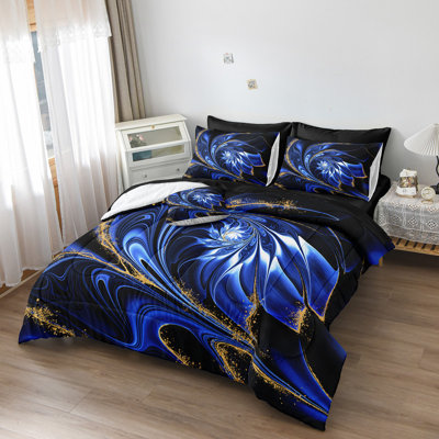 Blue Marble Comforter Set Queen Size Black Bed in A Bag Gold Vortex Floral Artwork Abstract Bedding Psychedelic Bed Set with Sheets